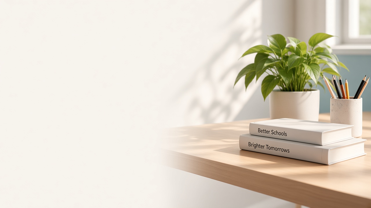 Desk with Better Schools books, pencils, and a money plant — MarvelSoft contact banner