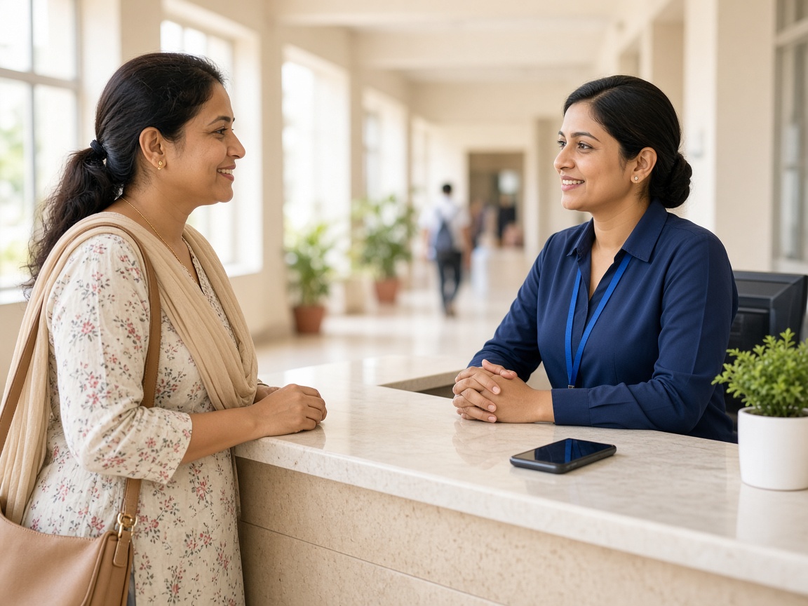 School staff speaking with a parent at the front desk