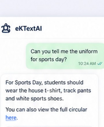 eKTextAI chat answering a parent question about sports day uniform from a school circular