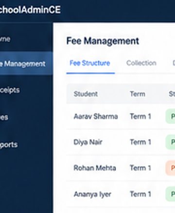 SchoolAdminCE fee management screen with paid and pending fee statuses